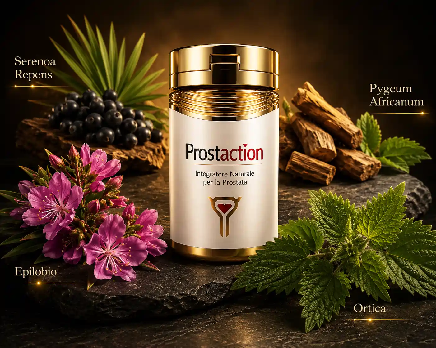 Ingredienti naturali Prostaction — Epilobio, Ortica, Serenoa e Pygeum